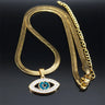 Open Eye necklace in gold tone laid out to show the pendant, flat chain, lobster clasp and extension chain