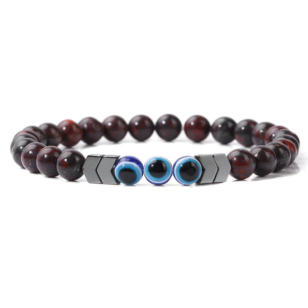 Evil Eye Bracelet - Natural 6mm Hematite Stone Beads, Adjustable, Handmade Turkish Style