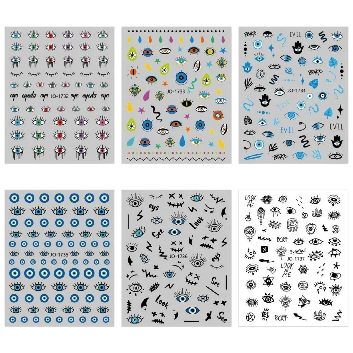 Assorted eye motif nail art sticker sheets in blue, black and multicolored designs