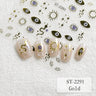Nail art sticker sheet and applied nail examples featuring gold evil eye, snake, sun, and star motifs on a white textured background. The sheet and sample nails are labeled ST-2291, with one variant note reading Gold.