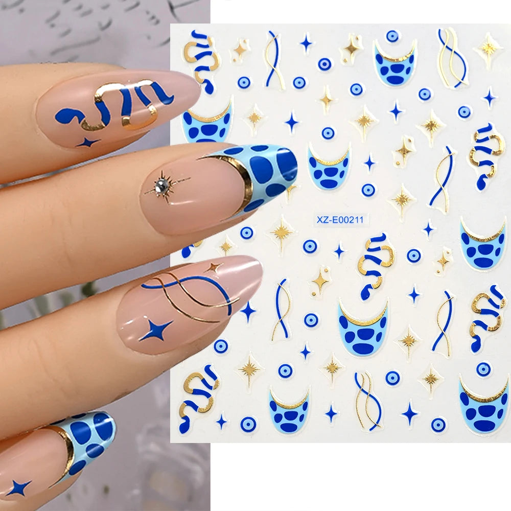 Blue Snake and Stars 3D nail sticker sheet with manicure preview
