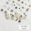 Five white press-on nails decorated with gold crescent moons, stars, and evil eye designs, displayed on a white textured background with matching nail decals. The text 'ST-2293 Gold' is visible in the bottom right corner.