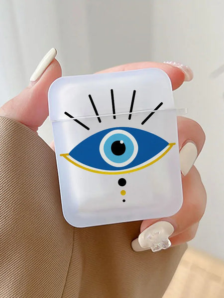 Handheld frosted earphone case with a large blue eye, black rays and a yellow arc beneath the eye.