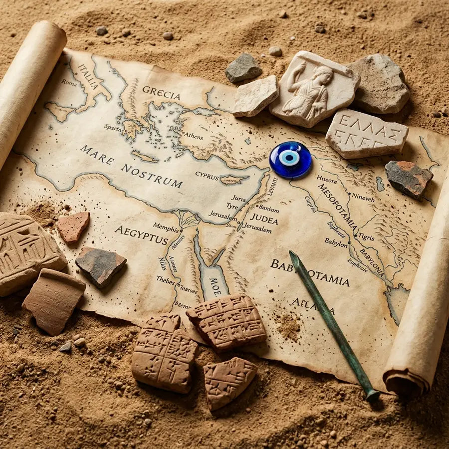 Parchment map of the ancient Near East and Mediterranean with blue glass eye fragment, clay tablet pieces, and stone evidence