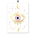 Pink eye with gold tone lashes, two crescent moons and scattered pink and gold tone stars on white