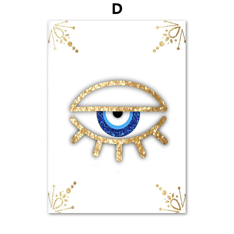 Half-closed blue eye with gold tone lashes and decorative corner flourishes on white