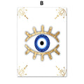 Open blue eye with gold tone lashes and decorative corner flourishes on white