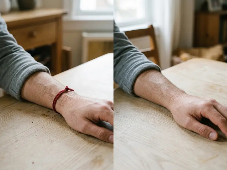 Two matched wrists rest side by side, one with a plain red thread and one unadorned
