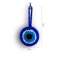 Blue round evil eye charm diagram with a vertical 12 cm label beside the loop and pendant and a horizontal 6 cm label below the round face.