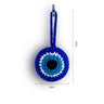 Blue round evil eye charm diagram with a vertical 12 cm label beside the loop and pendant and a horizontal 6 cm label below the round face.