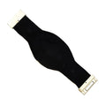 Reverse of the open cuff bracelet, showing a plain black backing and gold tone end fittings against white.