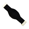 Reverse of the open cuff bracelet, showing a plain black backing and gold tone end fittings against white.