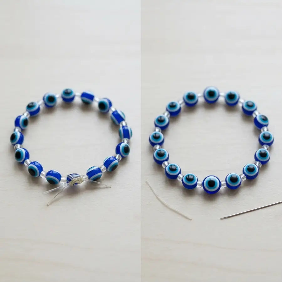 Side-by-side evil eye bracelets compare a visible cord knot with a cleaner, evenly spaced finish.