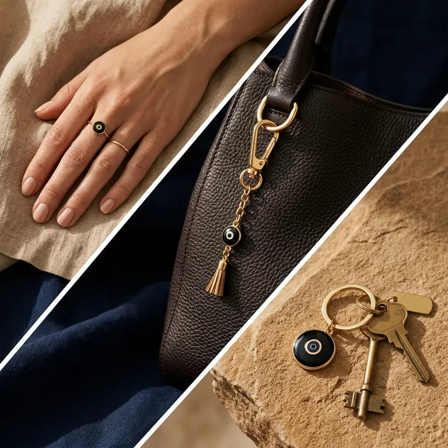 Black evil eye ring, leather bag charm, and keychain shown in three separated everyday accessory contexts.