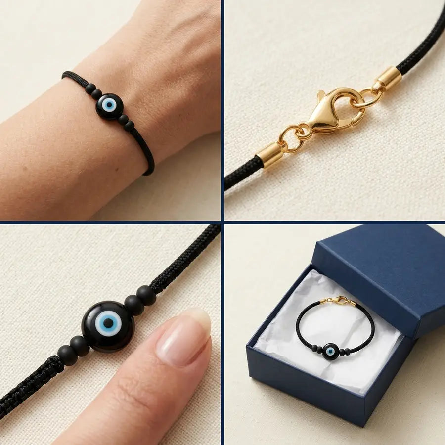 Four bracelet choice details showing wrist fit, gold clasp, bead texture, and a simple gift box.