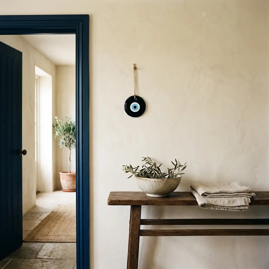 Black evil eye wall hanging beside a doorway above a console table with a bowl and folded linen.