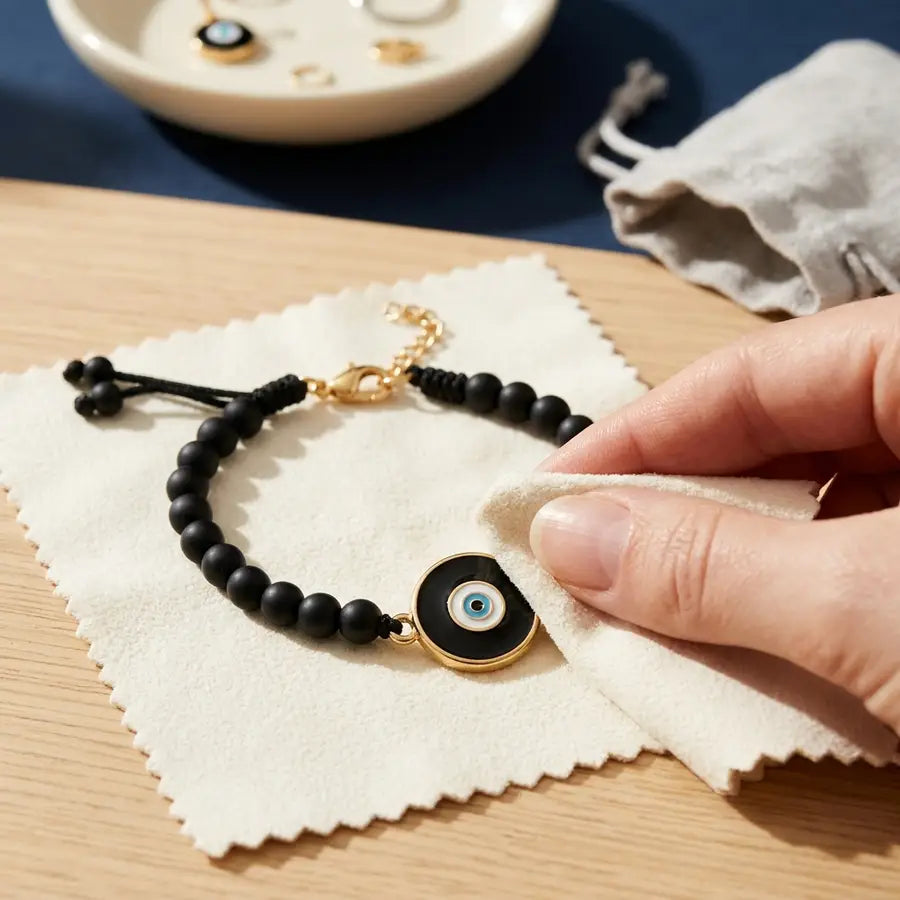 Black evil eye bracelet being gently wiped on an ivory cloth with clasp, cord, beads, pouch, and tray visible.
