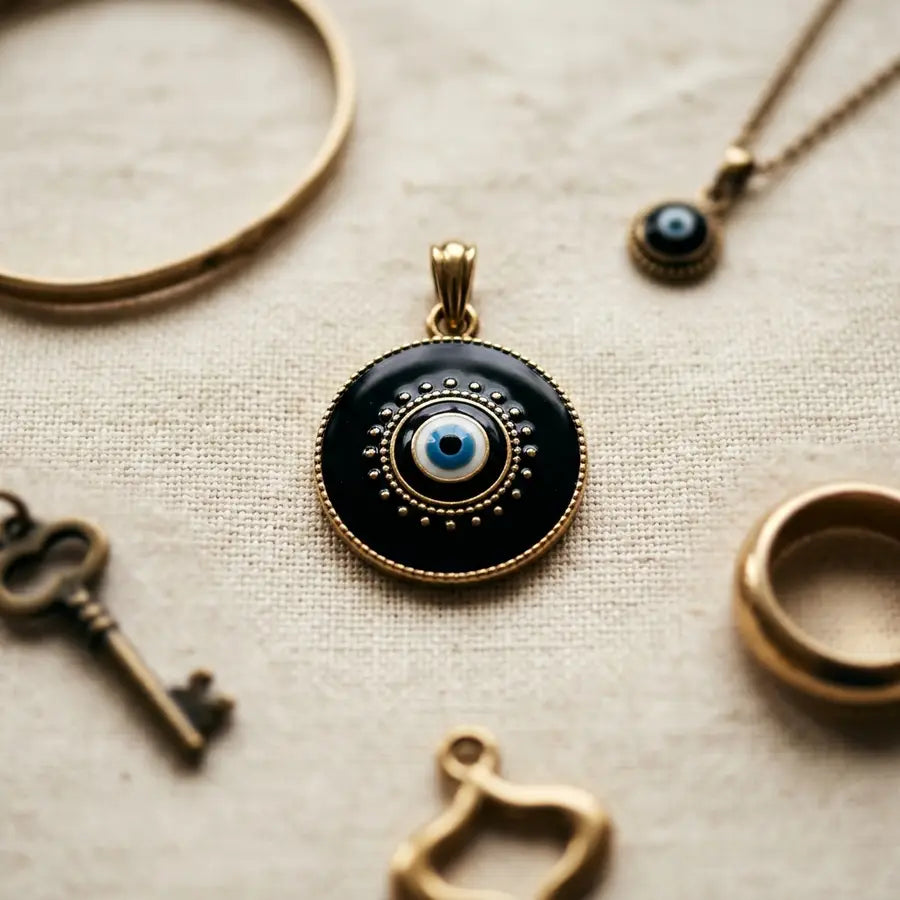 Large black evil eye medallion in focus with blurred bracelet, pendant, ring, key charm, and decor silhouettes around it.
