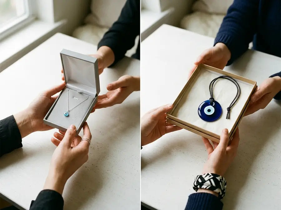 Two recipients accept equally presented gifts: a fine light-blue necklace and a larger dark-blue corded hanging in neutral bo