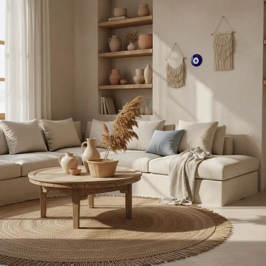 Cozy boho living room with a single evil eye wall accent, ceramics, woven textures, and soft natural tones