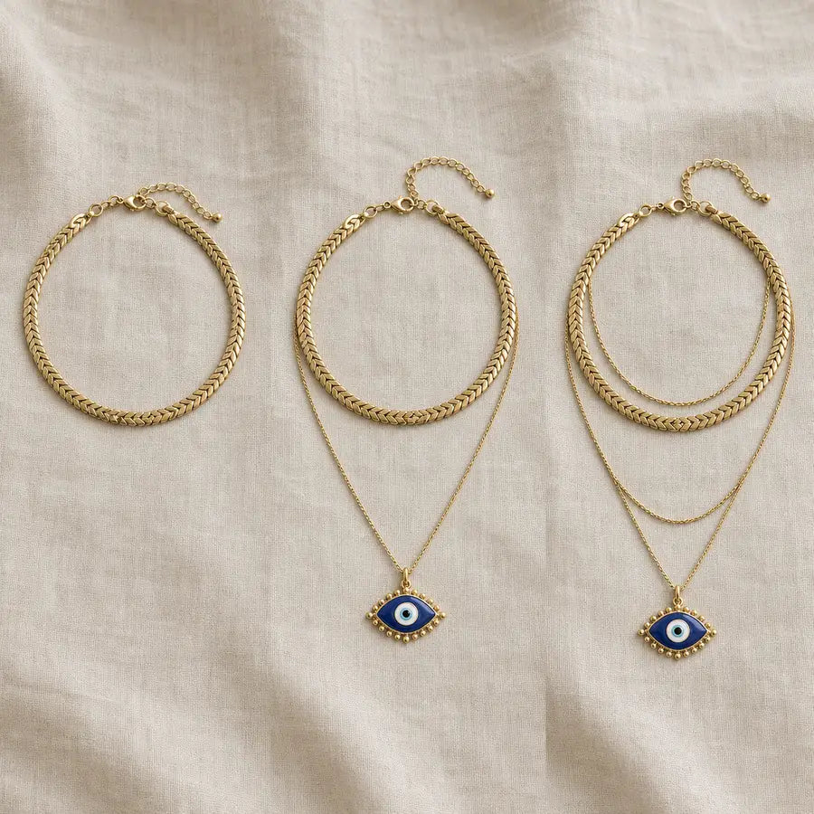Three-step build sequence adding a choker, then a focal eye pendant, then a thin accent chain