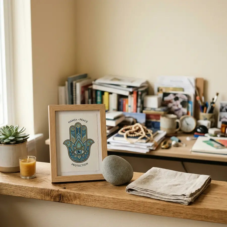 Framed Hamsa print, stone, candle, and folded cloth sit on a shelf before a cluttered desk.