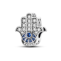 Silver tone Hamsa bead with clear accents on the fingers and blue palm sections divided by radiating lines