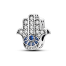 Silver tone Hamsa bead with clear accents on the fingers and blue palm sections divided by radiating lines