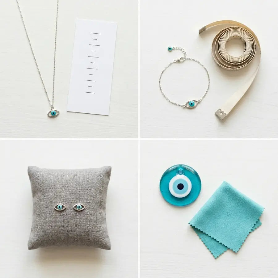 Four practical choice zones showing necklace length, bracelet fit, earring comfort, and decor care on a white tabletop.