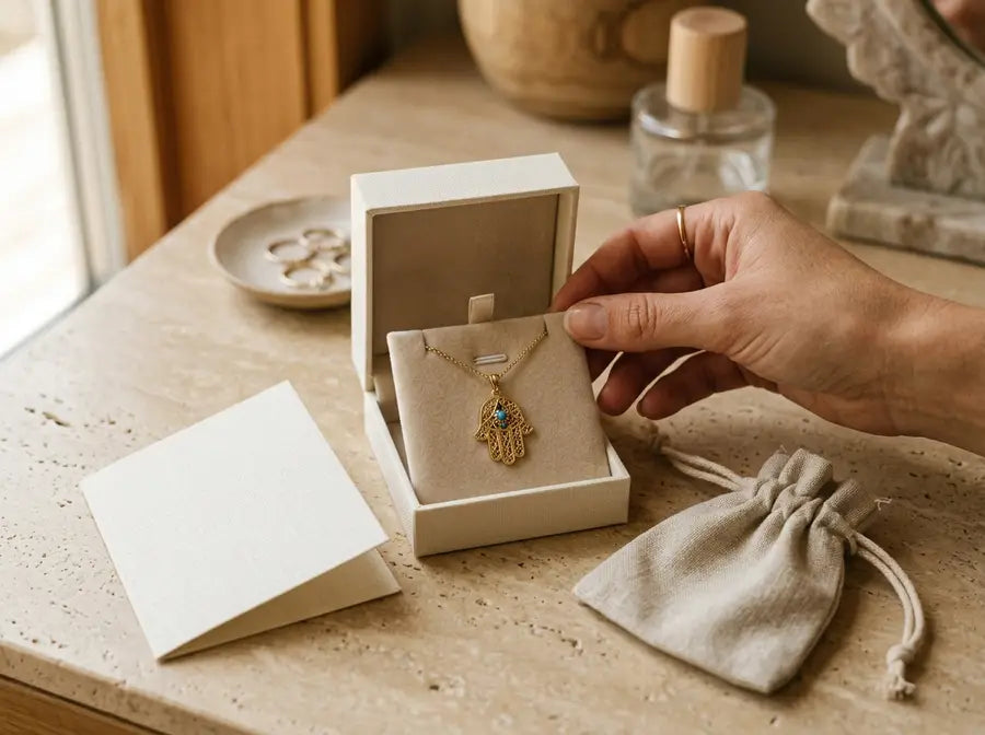 Gold Hamsa necklace inside an open gift box while a hand adjusts the chain beside a blank cream card.