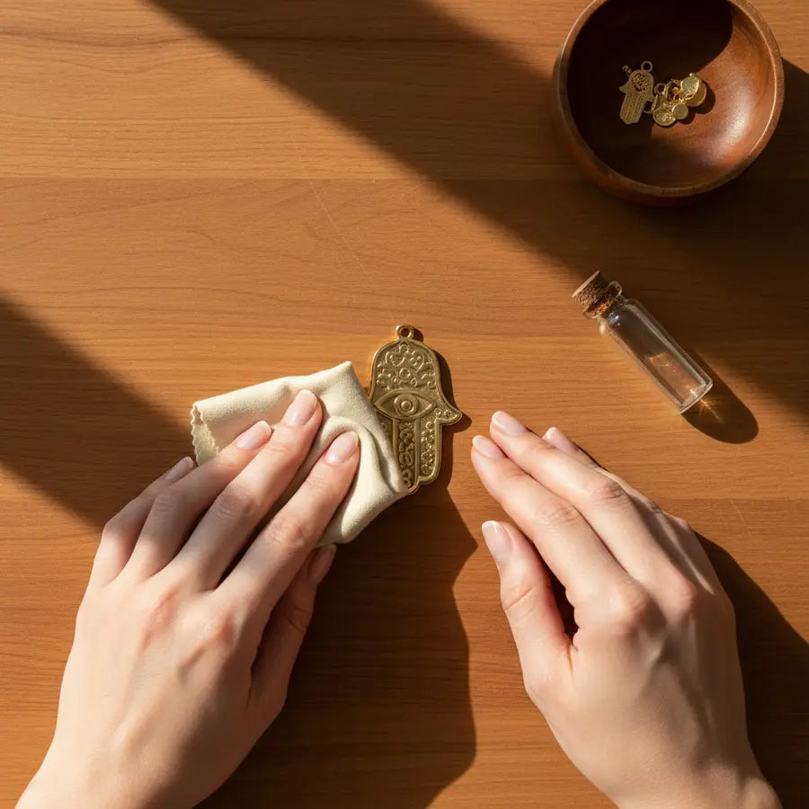 Hands gently cleaning a gold Hamsa amulet with a polishing cloth for spiritual jewelry maintenance