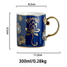 Navy blue Namaste lotus coffee cup with a gold tone handle, shown with measurement arrows and printed capacity and weight annotations.