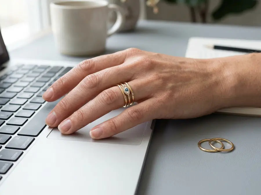 Hand with an evil eye ring and two spaced bands hovering near a keyboard, with extra bands set aside on a gray desk.