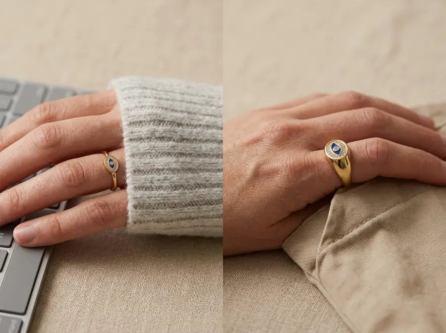 Side-by-side hand crops compare a low-profile evil eye ring under a sleeve cuff with a taller ring near a fabric fold.