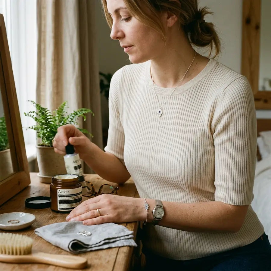 Person wearing a Hamsa pendant and bracelet near a watch, hand cream, glasses, and jewelry cloth on a dressing table.