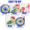 Five illustrated panels showing a circular blue eye coaster, loose decorative pieces, a green tray, a red pad and a pink applicator pen.