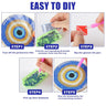 Five illustrated panels showing a circular blue eye coaster, loose decorative pieces, a green tray, a red pad and a pink applicator pen.