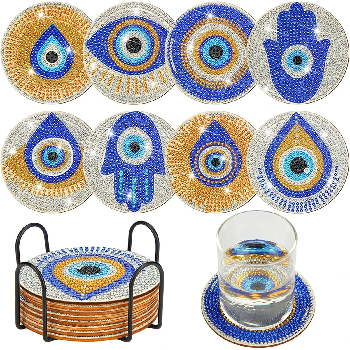Eight round coasters with blue and gold tone eye and Hamsa designs, a stack in a black holder, and a glass resting on one coaster.