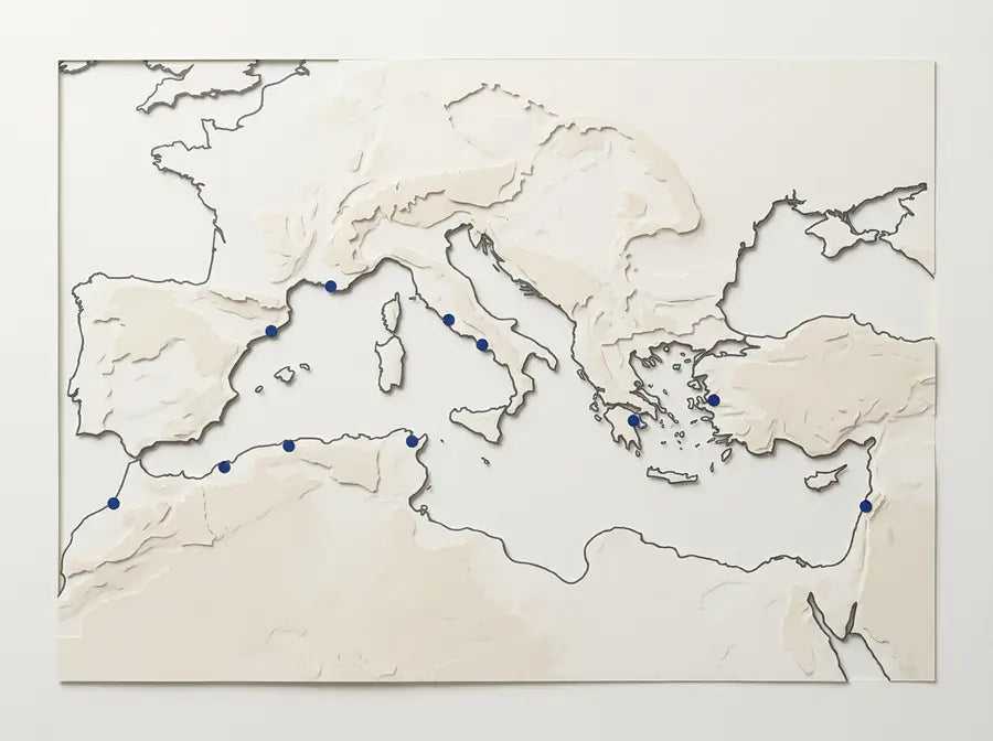 Unlabeled relief map of the Mediterranean with equal blue markers distributed across several coastal areas