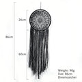 Round black floral dream catcher with measurement guides beside the circular frame and long fringe, plus printed size and weight labels.