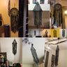 Collage of black triangular eye and round floral dream catchers displayed in several rooms.