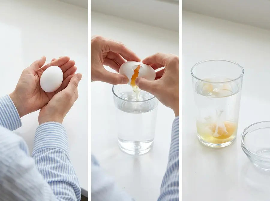 Three-step egg cleansing sequence with a whole egg near the body, egg cracked into water, and settled whites visible in a cle