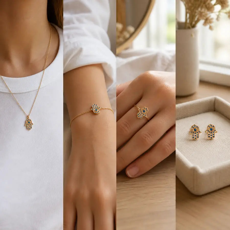 Four Hamsa jewelry options compared side by side: pendant on T-shirt, bracelet on wrist, ring on hand, and earrings on linen