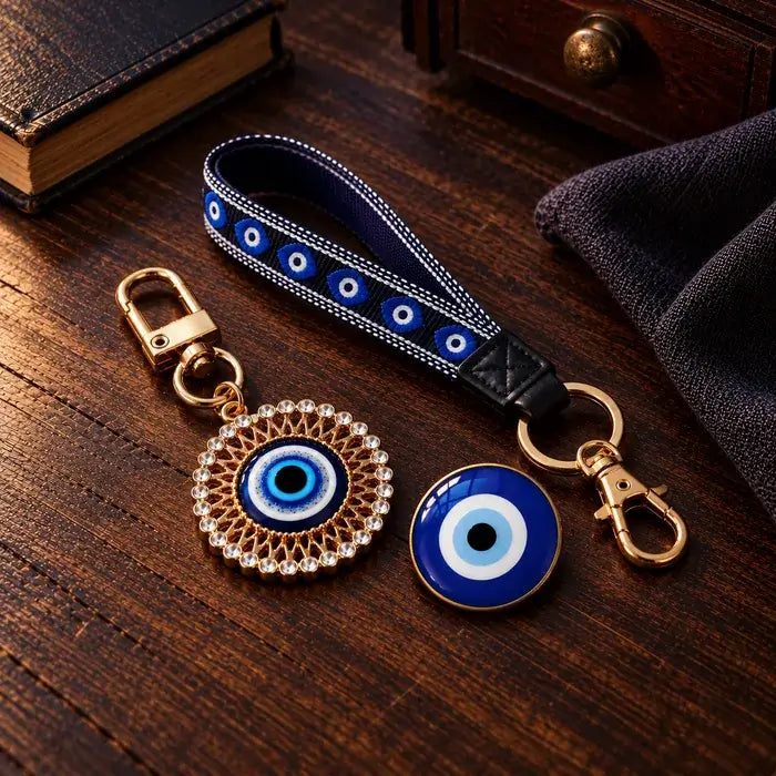 Gold tone evil eye sunburst keychain, navy wrist strap and blue eye brooch on dark wood