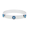 Silver tone evil eye bangle with a smooth band and raised blue eye discs