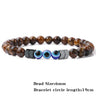 Brown beaded bracelet with three blue eye beads and printed bead-size and bracelet-length annotations