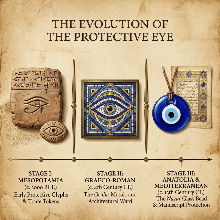 Three-part parchment timeline moving from clay eye mark to Greek-Roman mosaic gaze to blue glass bead and manuscript leaf.