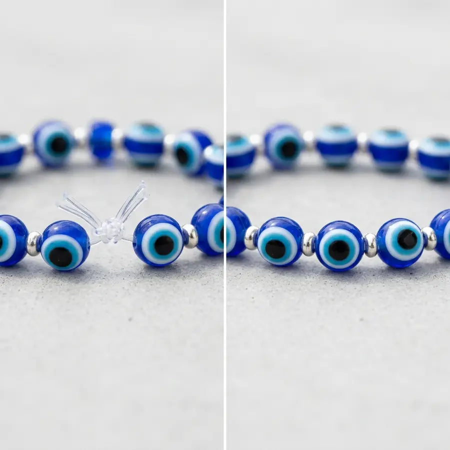 Close comparison of an exposed knot and cord tails beside a smooth row of blue evil eye beads.