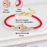 Red Hamsa bracelet diagram labeled 3 mm at the cord, 24 mm across the charm, and 17 + 5 cm bracelet length