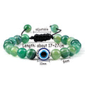 Pale banded green bracelet diagram with printed bracelet-length, bead-size and cord annotations